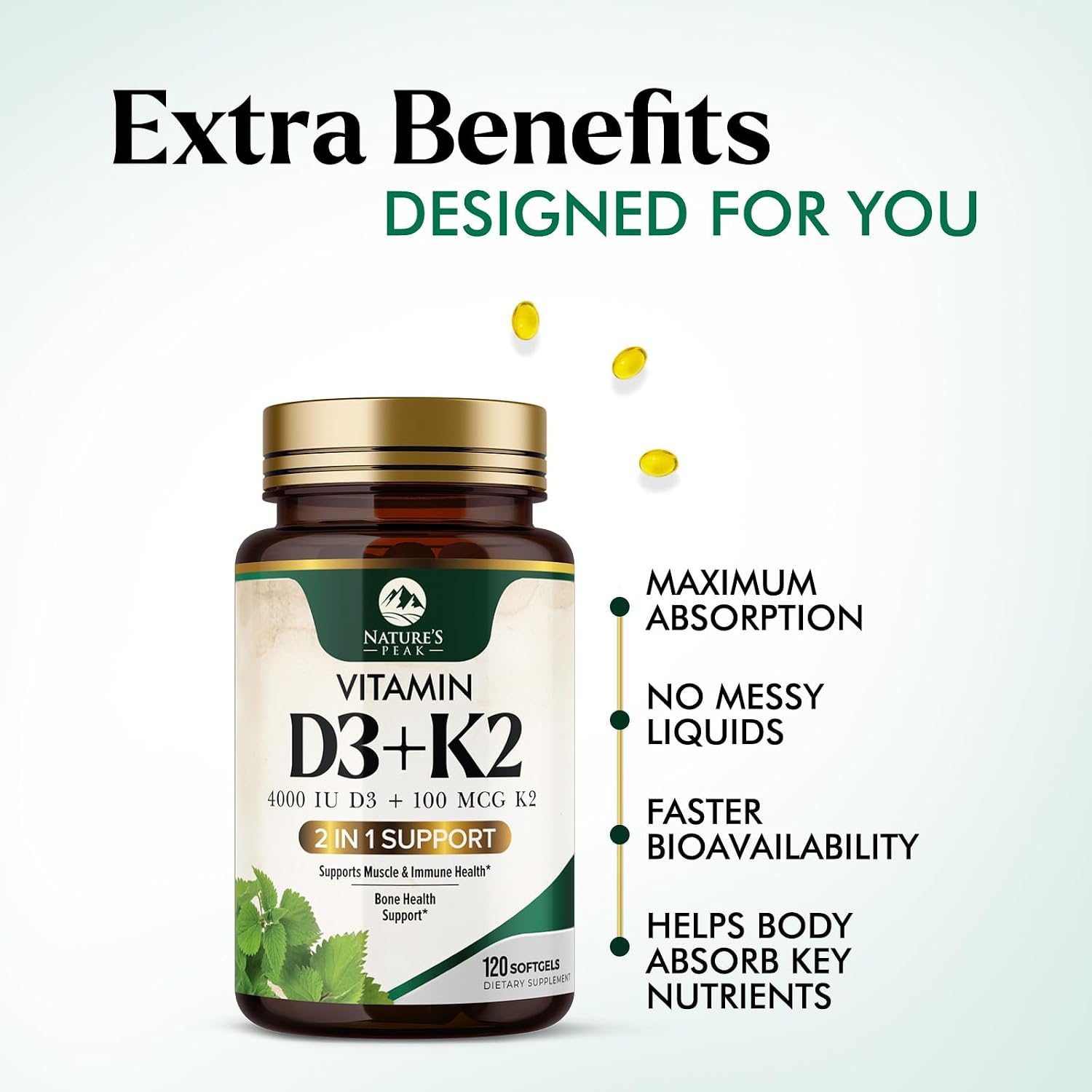 Vitamina D3 K2 - Complejo 2 en 1 de Vitamina D y K2 (MK-7) - 4000 UI por Cápsula Blanda - Sin Gluten - 120 Cápsulas Blandas