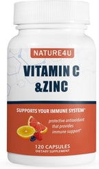 Nature4U Vitamina C 1000 mg con Zinc, Escaramujo y Bioflavonoides Cítricos, 120 Cápsulas