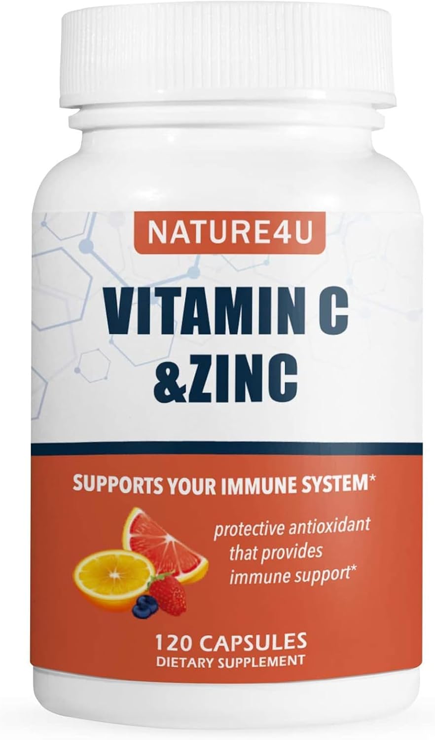 Nature4U Vitamina C 1000 mg con Zinc, Escaramujo y Bioflavonoides Cítricos, 120 Cápsulas