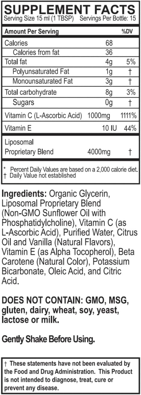 PURALITY HEALTH Vitamina C Líquida 1000mg por Dosis, Absorción Liposomal Mejorada, No GMO, Sin Gluten, Vegano, 15 Días