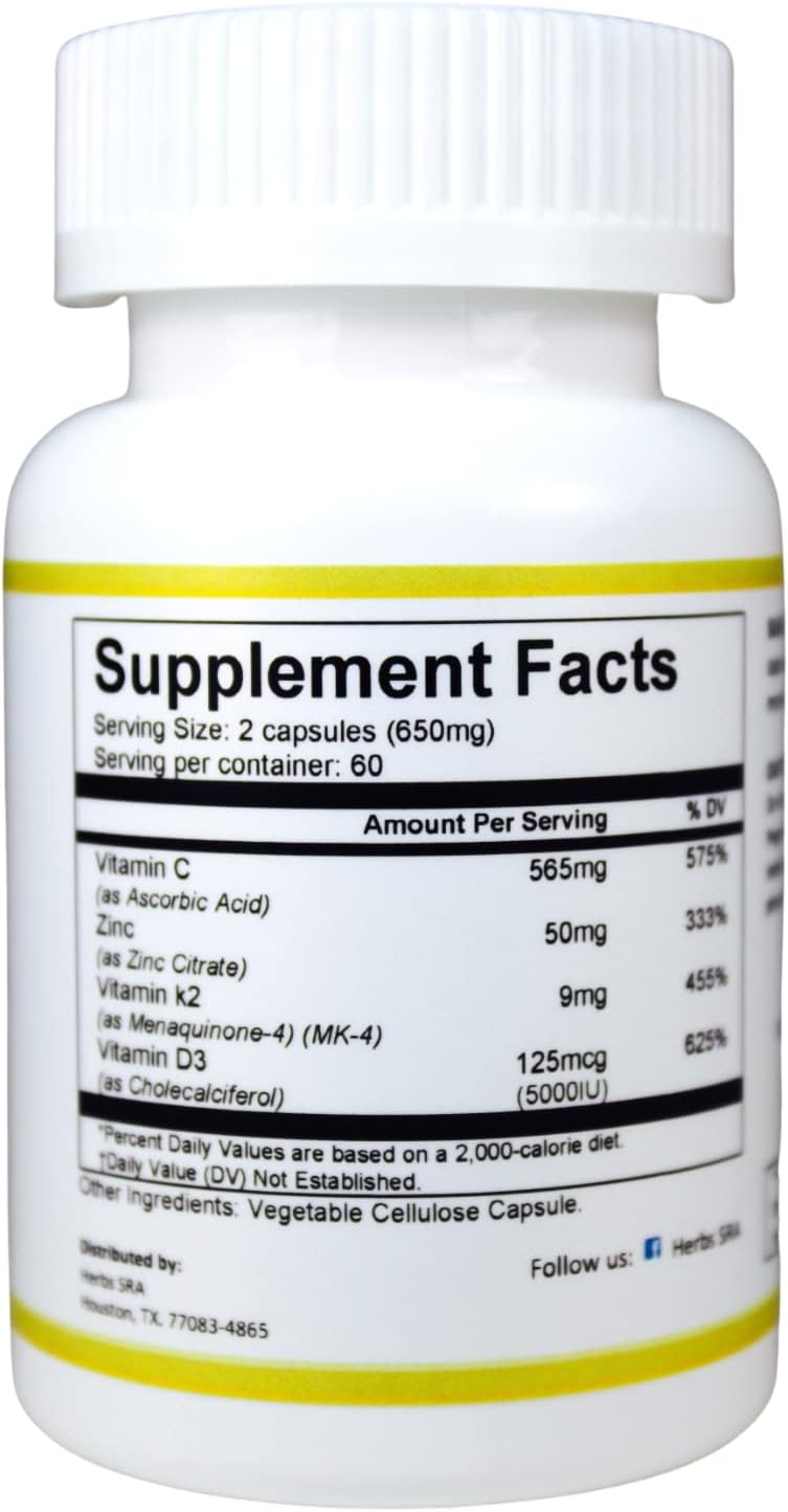 Herbs SRA Vitamina C, D3, K2 y Zinc – 120 Cápsulas Vegetarianas