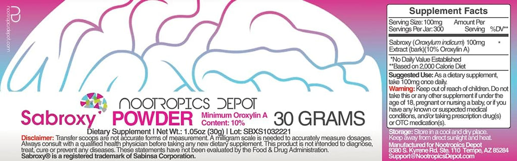 Nootropics Depot Sabroxy® Oroxylin-A en Polvo | 30 Gramos | Mínimo 10% de Oroxylin-A | Extracto de Oroxylum indicum