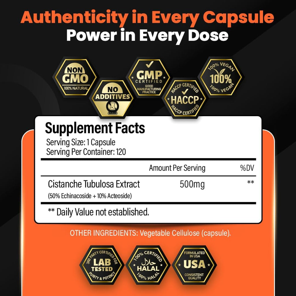 Cistanche Tubulosa Extract 500mg – 120 Cápsulas – 50% Echinacósidos, 10% Acteósidos | Suplemento Natural para Energía y Bienestar