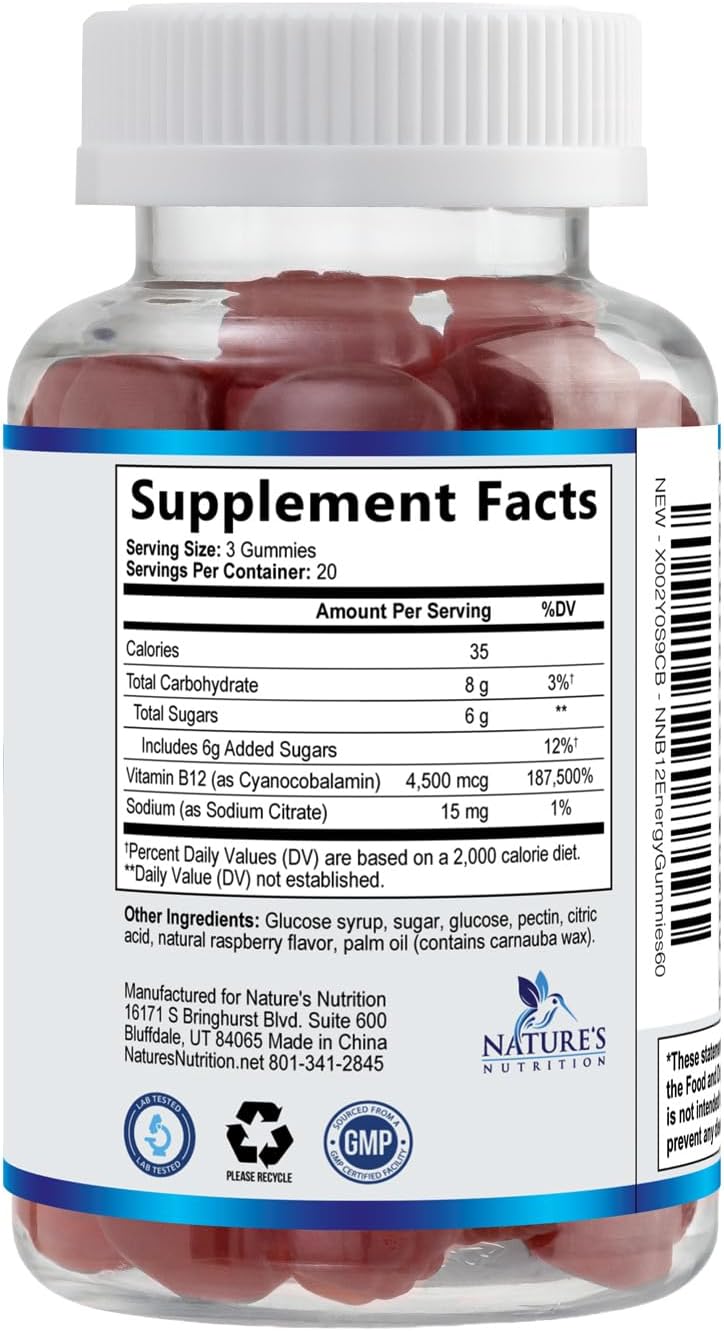 B12 Energy Gummies - 4500 mcg de Vitamina B12 por Dosis - Gominolas para Energía y Sistema Inmunológico - Sabor Natural a Bayas - 60 Gominolas