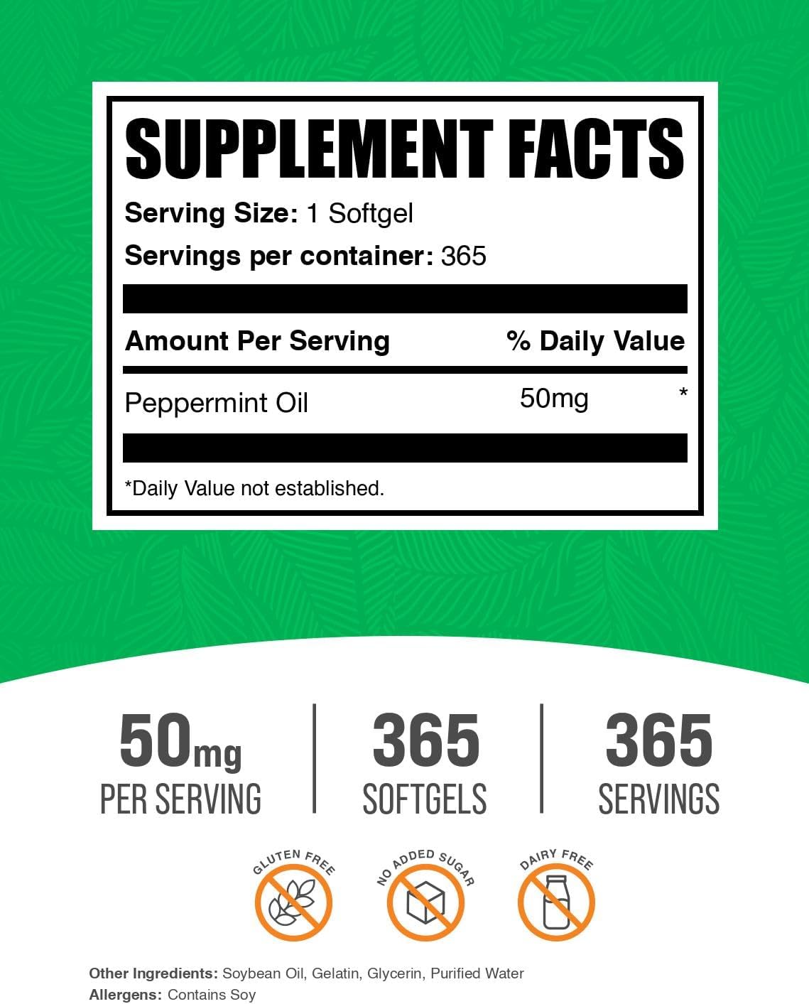 BulkSupplements.com Aceite de Menta 50mg - 365 Cápsulas Blandas