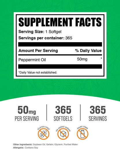 Aceite de Menta (Peppermint Oil) 50 mg - 365 Cápsulas - Sin Gluten - BulkSupplements