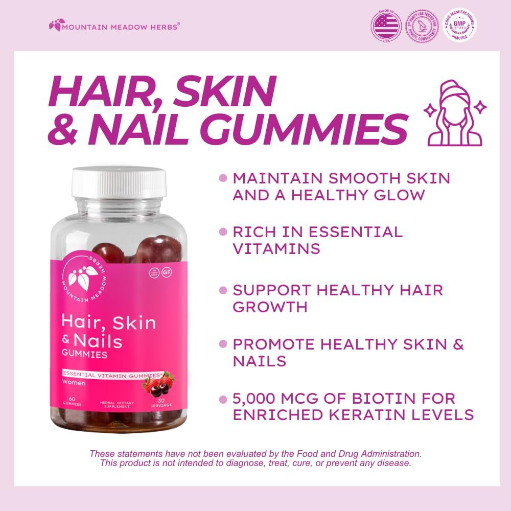 Mountain Meadow Herbs Gominolas para Cabello, Uñas y Piel con Biotina (60 unidades)