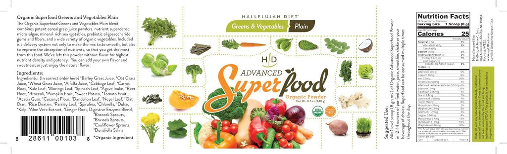 Advanced SuperFood, Mezcla de Verduras y Hortalizas Orgánicas en Polvo – Natural, 240 g, de Hallelujah Diet