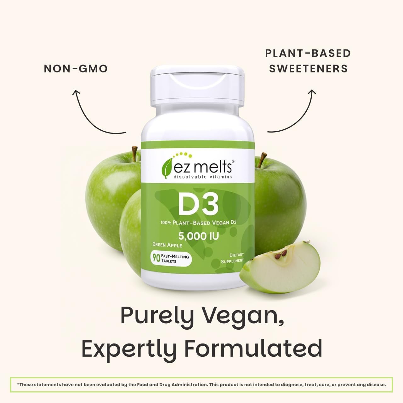 EZ Melts Vitamina D3 5000 IU Vegana - 90 Comprimidos Disolubles Sabor Manzana Verde - Sin Gluten, No-GMO
