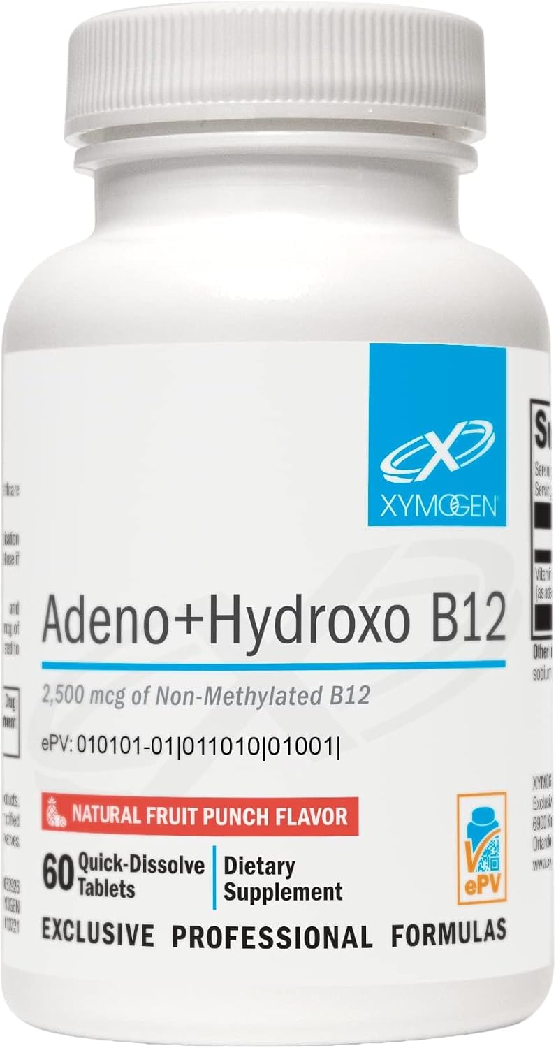 XYMOGEN Adeno+Hydroxo B12 - 2500 mcg Vitamina B12 No Metilada - Comprimidos de Disolución Rápida Sabor Punch de Frutas - 60 Comprimidos