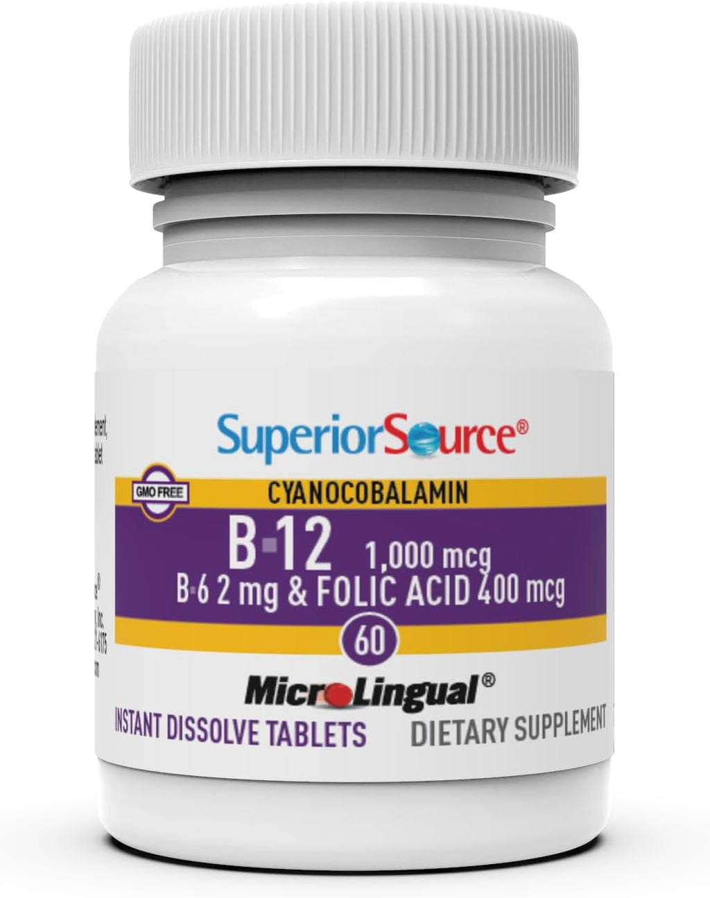 Superior Source Vitamina B12 Cianocobalamina 1000 mcg, B6, Ácido Fólico 400 mcg Sin Inyecciones - 60 Comprimidos Sublinguales