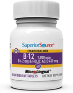 Superior Source Vitamina B12 Cianocobalamina 1000 mcg, B6, Ácido Fólico 400 mcg Sin Inyecciones - 60 Comprimidos Sublinguales
