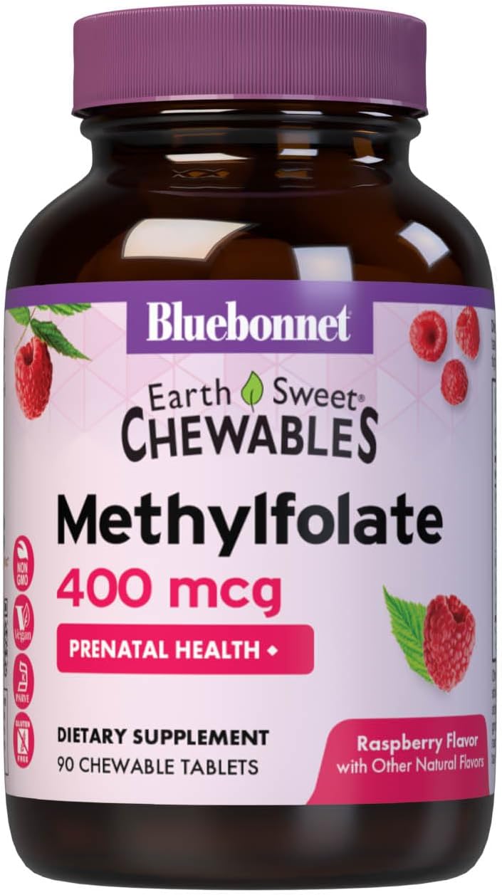 Bluebonnet EarthSweet Methylfolate 400 mcg – Folato activo 5-MTHF, 90 comprimidos masticables sabor frambuesa
