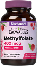 Bluebonnet EarthSweet Methylfolate 400 mcg – Folato activo 5-MTHF, 90 comprimidos masticables sabor frambuesa