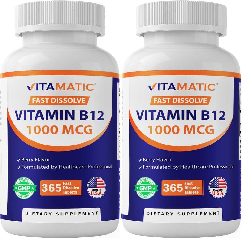 Vitamatic Vitamina B12 1000 mcg - 365 Comprimidos de Disolución Rápida - Sabor Natural a Bayas
