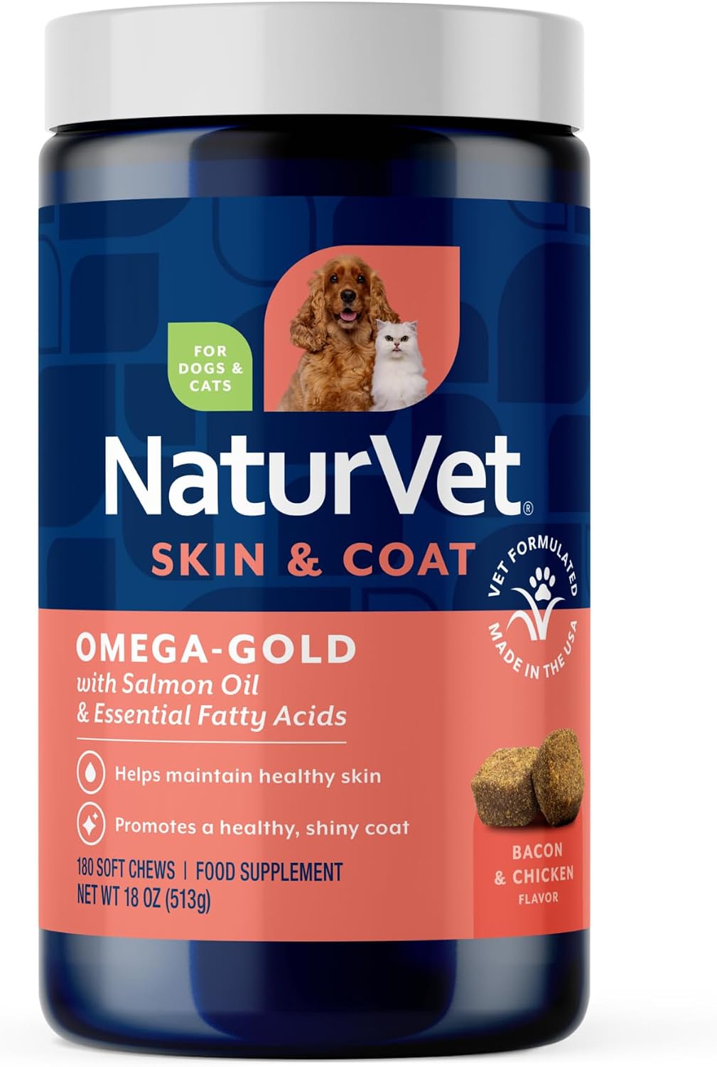 NaturVet – Omega-Gold Plus Aceite de Salmón | Apoya la Piel Saludable y el Pelaje Brillante | Enriquecido con DHA, EPA, Omega-3 y Omega-6 | Para Perros y Gatos | 90 Masticables Blandos