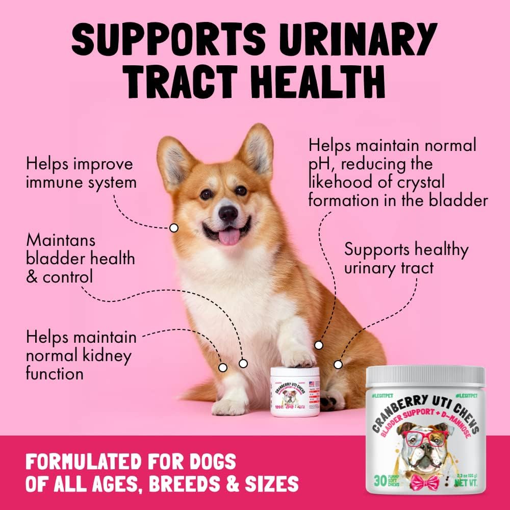Cranberry UTI Chews para Perros - Apoyo a la Vejiga y Tracto Urinario con D-Mannosa - Complemento Natural de Arándano - 30 Chewables Sabor Pollo