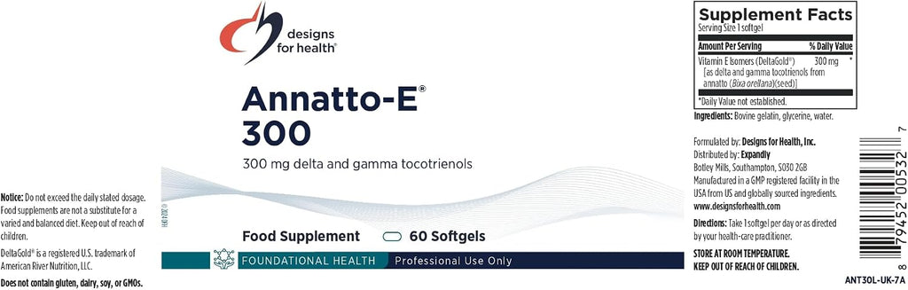 Designs for Health Annatto-E 300mg Tocotrienoles Vitamina E (60 Cápsulas Blandas)