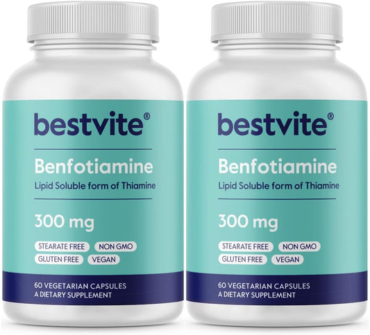 Benfotiamina 300 mg (120 cápsulas vegetales) – Sin estearatos, sin dióxido de silicio, vegano, no transgénico, sin gluten