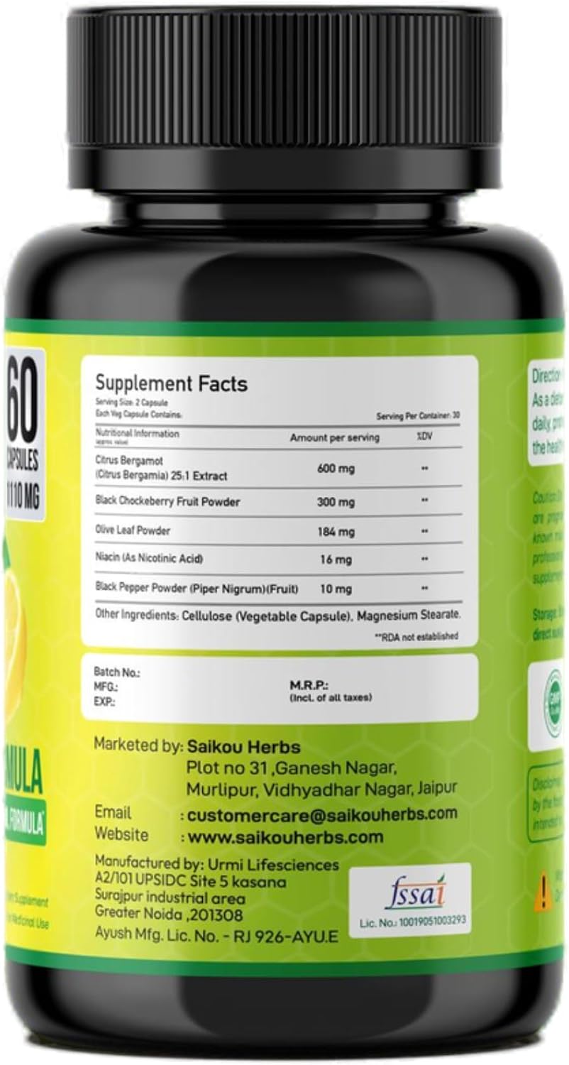 Citrus Bergamot 1110mg | 5-en-1 Fórmula Cardiovascular con Niacina | 60 Cápsulas Veganas