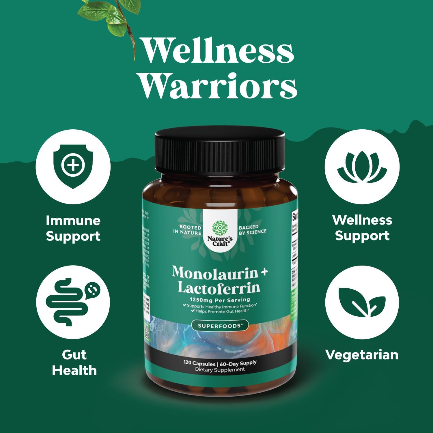 Suplemento de Lactoferrina y Monolaurina de Alta Potencia - 250mg Lactoferrina y 1000mg Monolaurina - 120 Cápsulas Vegetarianas