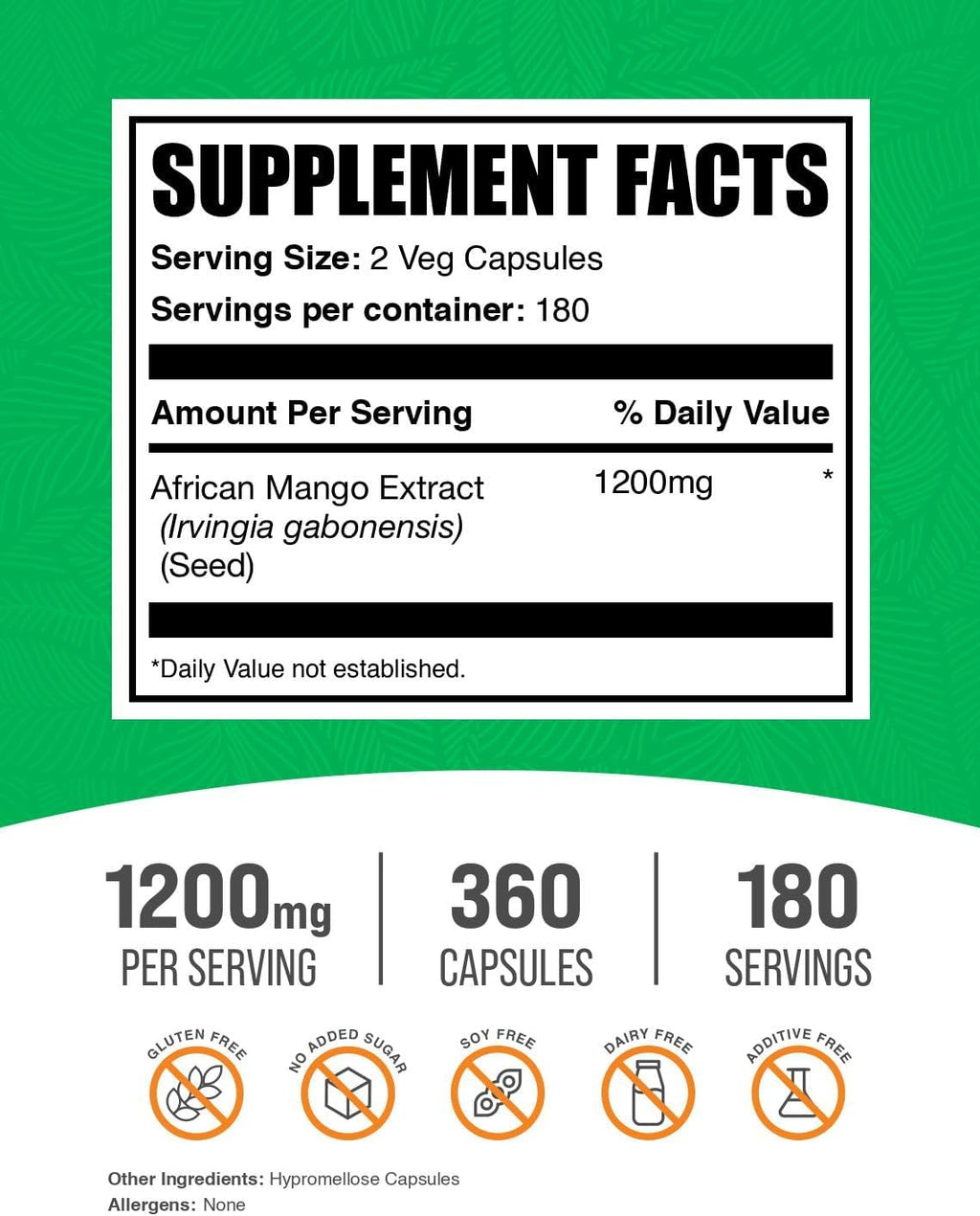 Extracto de Mango Africano de BulkSupplements.com - Cápsulas de Irvingia Gabonensis - Suplemento Herbal Vegano y Sin Gluten - 1200 mg por ración (2 cápsulas), 360 cápsulas
