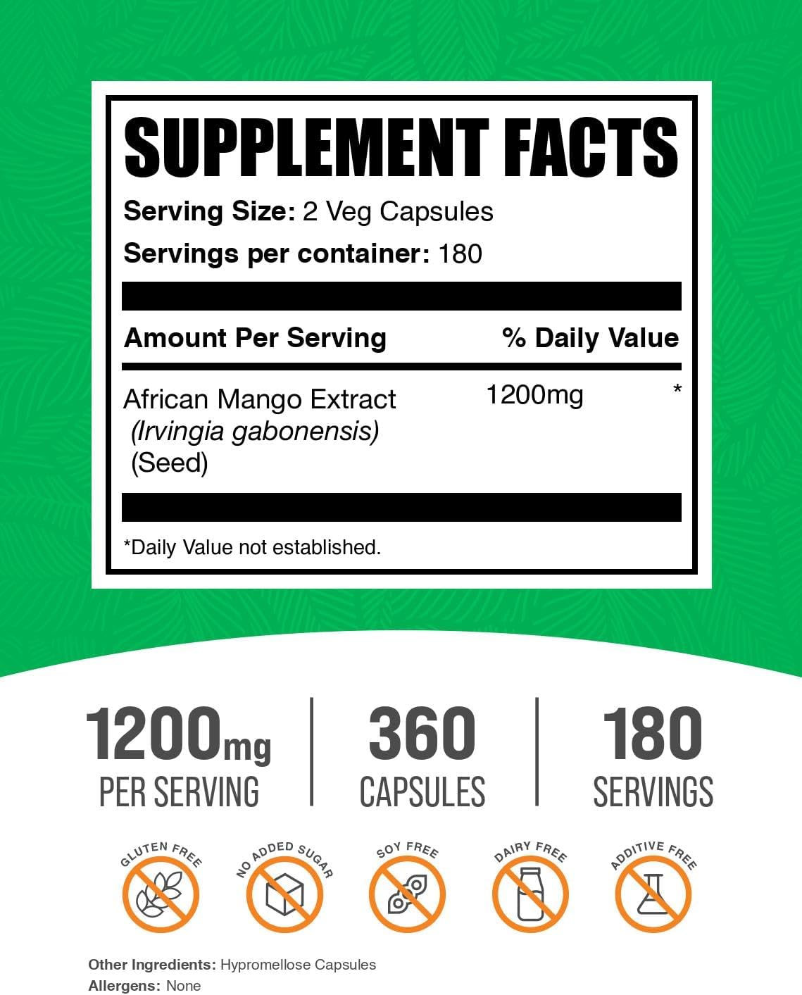 Extracto de Mango Africano de BulkSupplements.com - Cápsulas de Irvingia Gabonensis - Suplemento Herbal Vegano y Sin Gluten - 1200 mg por ración (2 cápsulas), 360 cápsulas