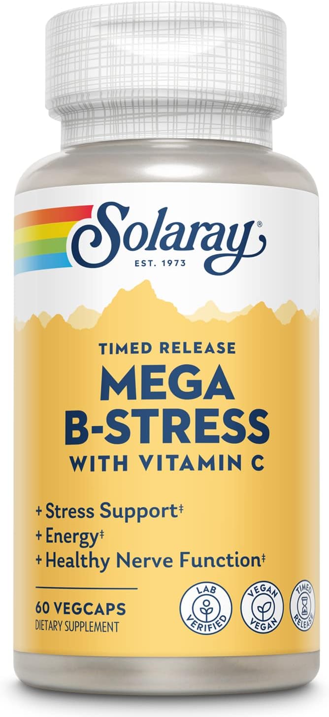 SOLARAY Mega B-Stress Complex, Sustained Release with 1000 mg Vitamin C, 60 Vegan Capsules