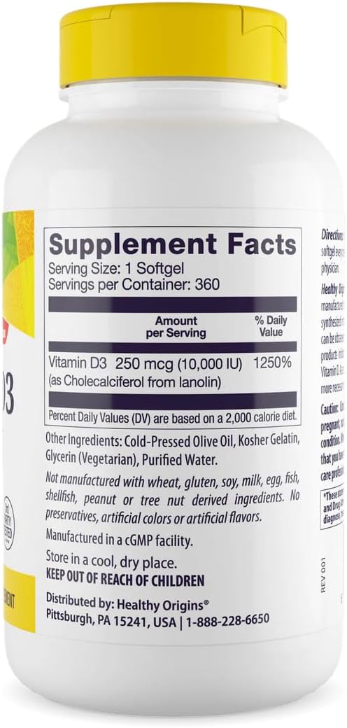Healthy Origins Vitamina D3 10.000 UI (250 mcg), 360 Cápsulas Blandas