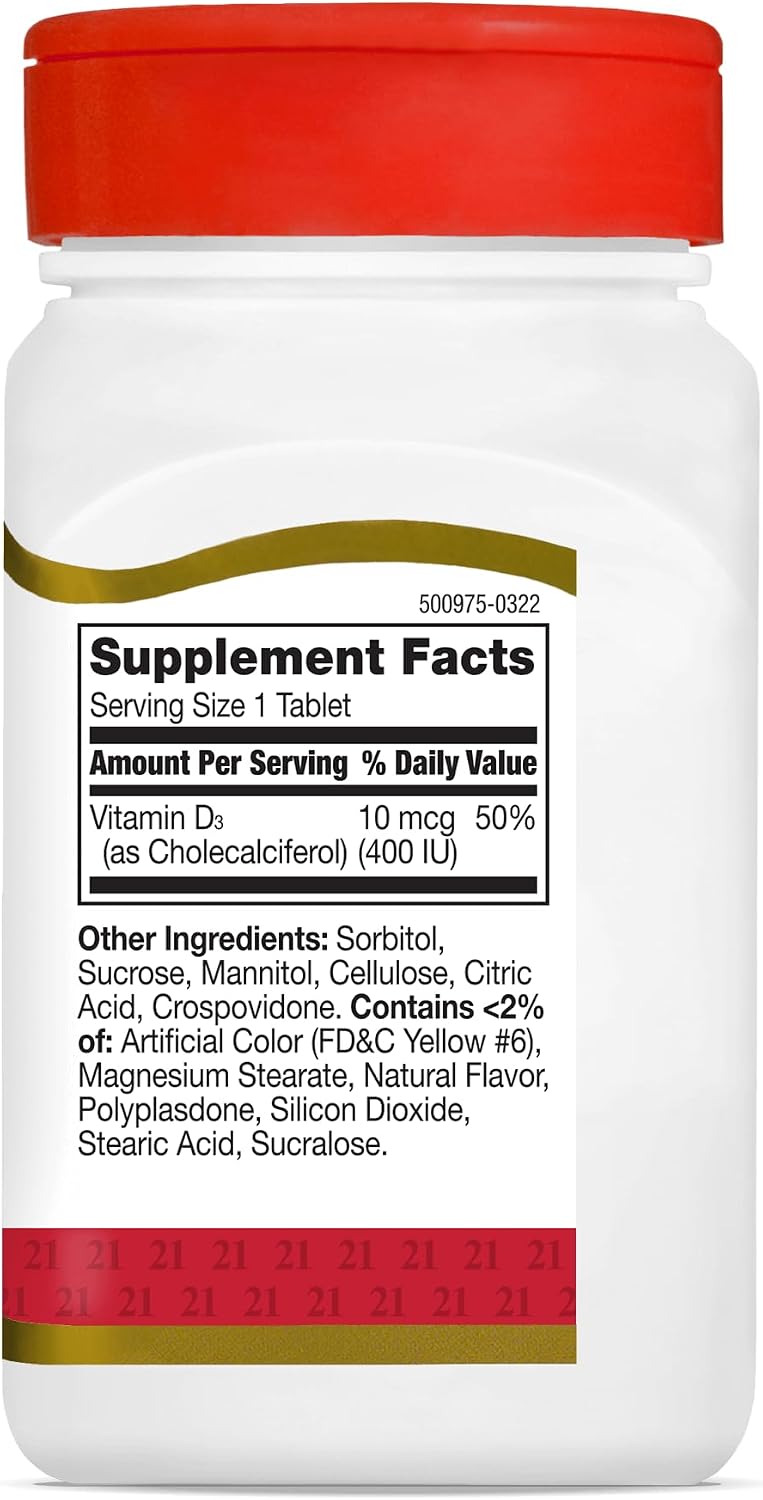 21st Century Vitamina D3 400 UI Comprimidos Masticables Sabor Naranja, 110 Comprimidos (Paquete de 2)