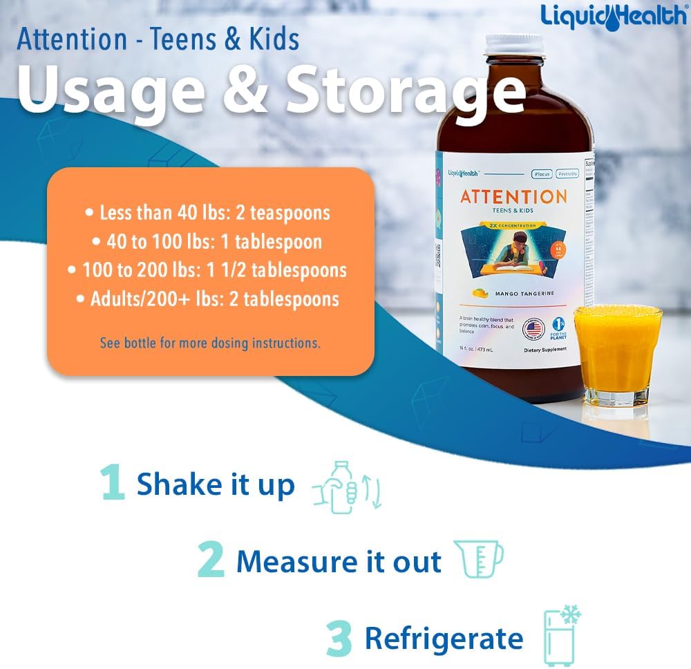 LIQUIDHEALTH Attention, Multivitamínico Líquido para Niños y Adolescentes - Sabor Mango-Mandarina, Vegano, Sin Azúcar (Pack de 2)