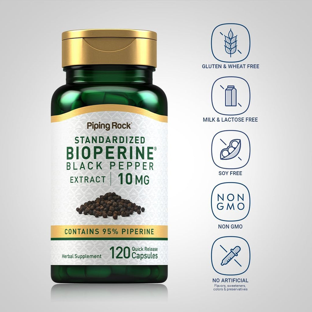 Piping Rock Bioperine Supplement 10mg | 120 Cápsulas | Extracto de Pimienta Negra | 95% Piperina | Sin Gluten, No Transgénico