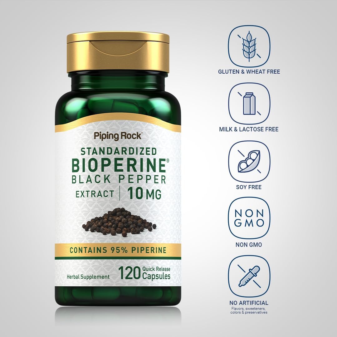 Piping Rock Bioperine Supplement 10mg | 120 Cápsulas | Extracto de Pimienta Negra | 95% Piperina | Sin Gluten, No Transgénico