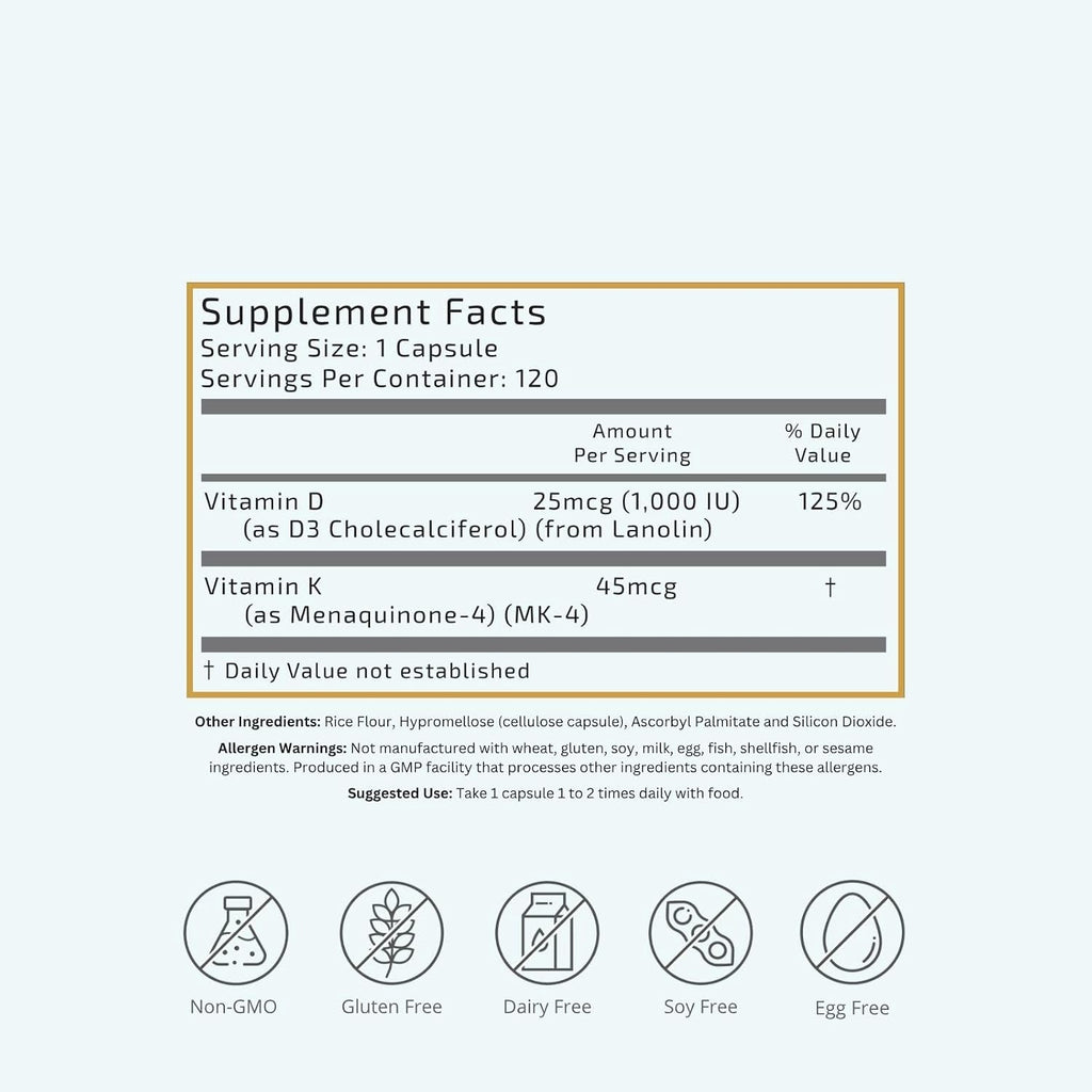 VTC VitaTradingCo. Vitamina D3 + K2 | Alta Potencia | 1000 UI D3 + 45 mcg MK-7 K2 | 120 Cápsulas