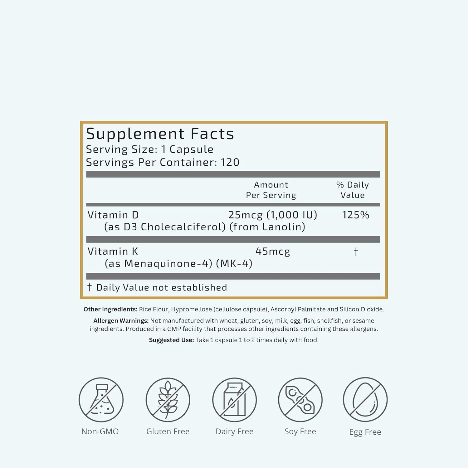 VTC VitaTradingCo. Vitamina D3 + K2 | Alta Potencia | 1000 UI D3 + 45 mcg MK-7 K2 | 120 Cápsulas