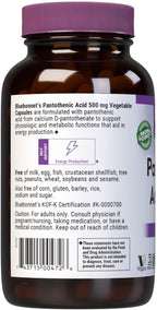 Bluebonnet Ácido Pantoténico 500 mg, 180 Cápsulas Vegetales