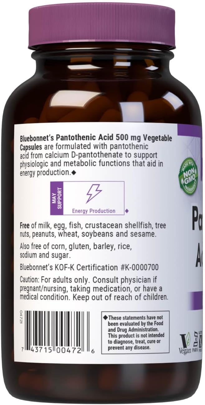 Bluebonnet Ácido Pantoténico 500 mg Cápsulas Vegetales, 180 unidades
