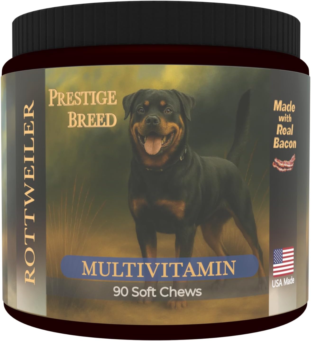 Multivitamínicos Prestige Breed, Nutrición Equilibrada para tu Rottweiler, 90 unidades, Fabricado en EE. UU. con Auténtico Bacon