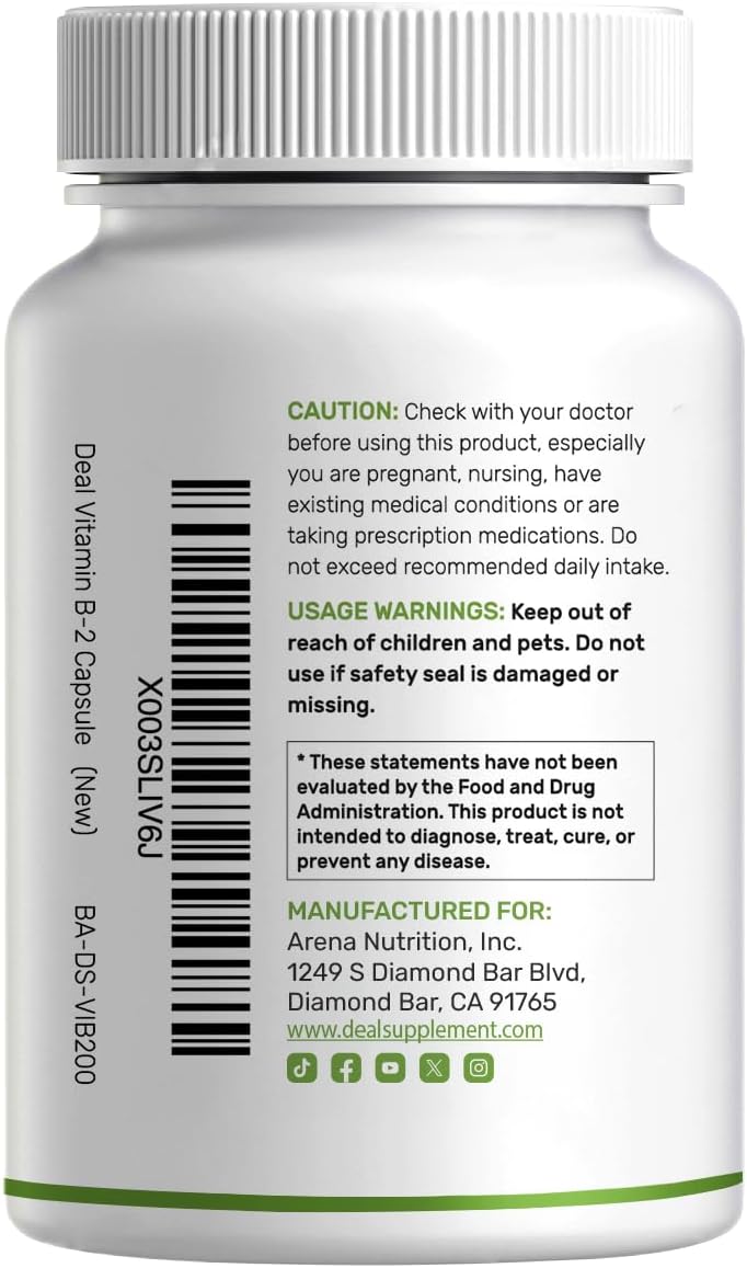 DEAL SUPPLEMENT Vitamina B2 400mg con Magnesio Glicinato 400mg, 240 Cápsulas