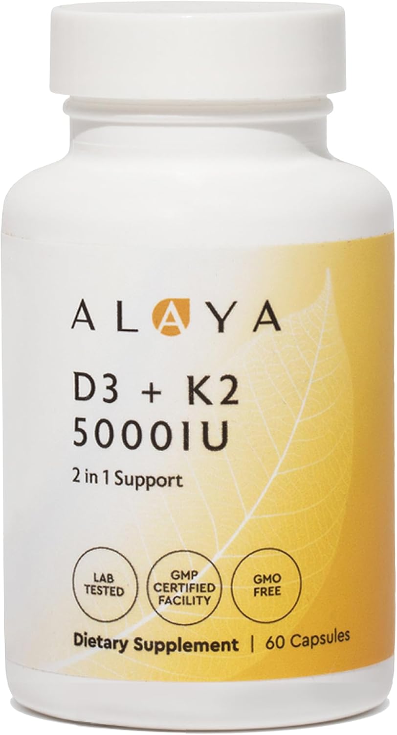 Alaya Naturals Vitamina D3 K2 MK-7 – 5000 IU D3, 50 mcg K1, 15 mcg K2 – 60 Cápsulas Vegetales