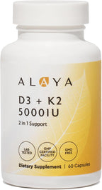 Alaya Naturals Vitamina D3 K2 MK-7 – 5000 IU D3, 50 mcg K1, 15 mcg K2 – 60 Cápsulas Vegetales