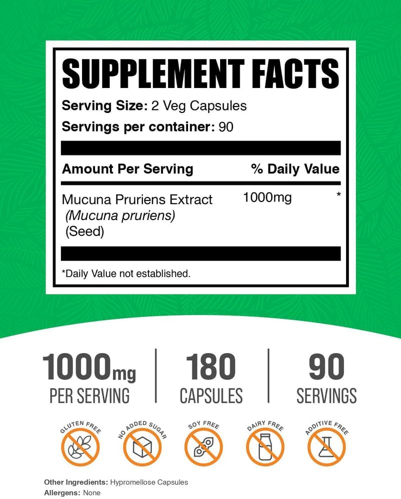BulkSupplements.com Mucuna Pruriens Cápsulas - Suplemento Herbal, Frijol Terciopelo - Vegano y Sin Gluten, 2 Cápsulas por Ración (1000mg), 180 Unidades