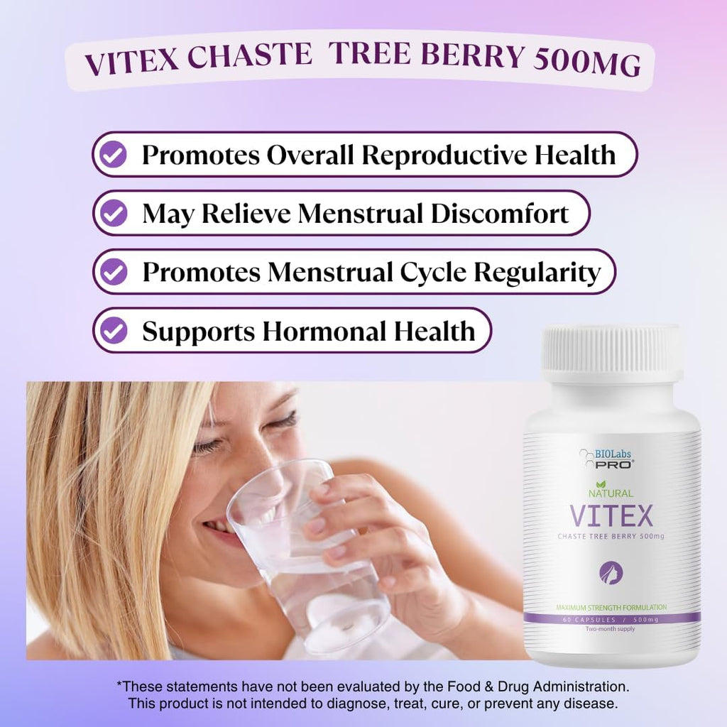 BIOLABS PRO Suplemento Natural de Vitex (Sauzgatillo) para Mujeres - Extracto Puro de Baya de Sauzgatillo 500mg, Fórmula de Máxima Potencia, Cápsulas Veganas, Apoyo al Equilibrio Hormonal - (60 Cápsulas - 2 Meses)