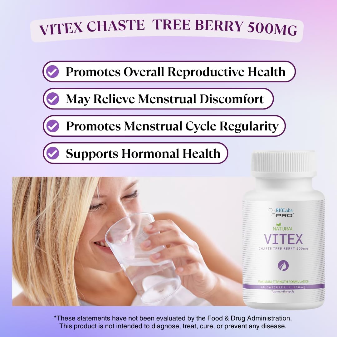 BIOLABS PRO Suplemento Natural de Vitex (Sauzgatillo) para Mujeres - Extracto Puro de Baya de Sauzgatillo 500mg, Fórmula de Máxima Potencia, Cápsulas Veganas, Apoyo al Equilibrio Hormonal - (60 Cápsulas - 2 Meses)