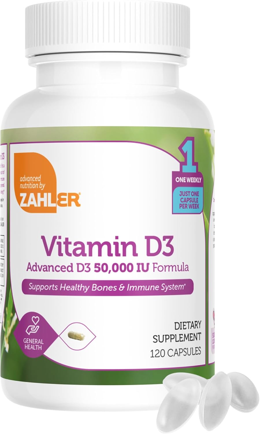 Zahler - Advanced Vitamin D3 50000 IU Cápsulas (120 unidades) - Suplemento Semanal de Vitamina D3