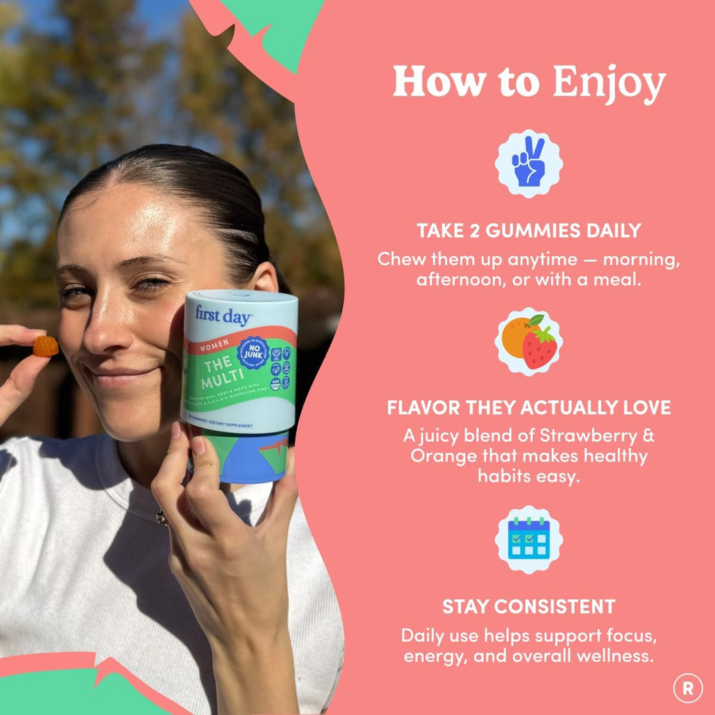FIRST DAY Women's Multivitamin Gummies – Multivitamínico diario con superalimentos orgánicos, folato metilado, zinc y biotina – Vegano, 120 gominolas