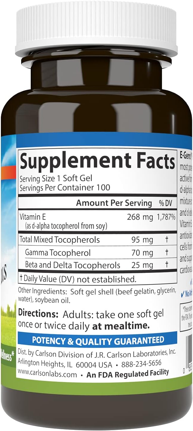 Carlson - E-Gems Plus, 400 UI (268 mg), Vitamina E de origen natural, 100 Cápsulas blandas