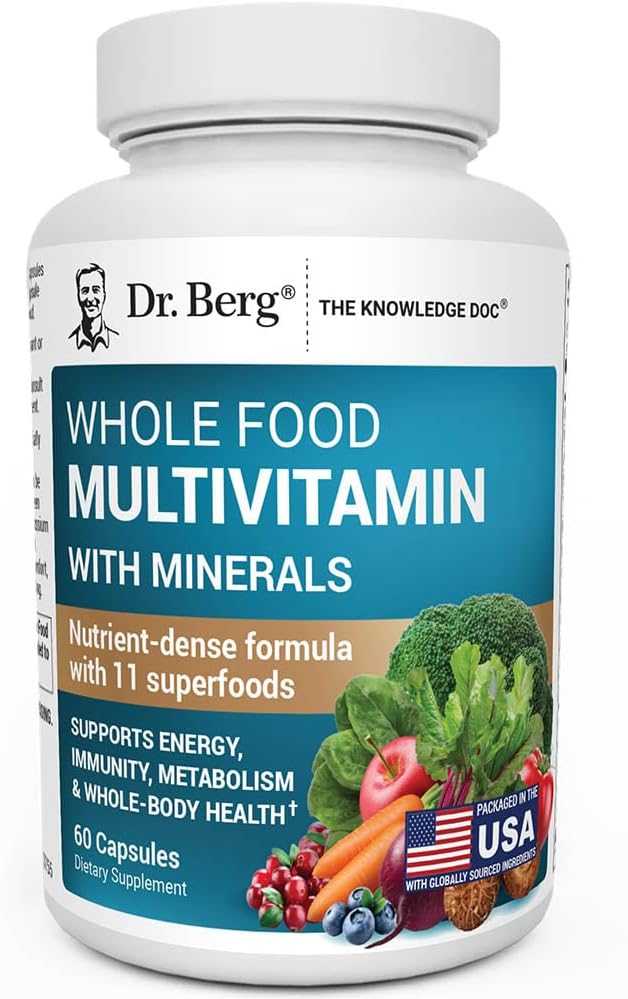 Dr. Berg Whole Food Multivitamin con Minerales - Multivitamínico Diario para Hombres y Mujeres - Incluye Mezcla Premium de Frutas y Verduras con Folato, Ácido Alfa Lipoico y Más - 60 Cápsulas