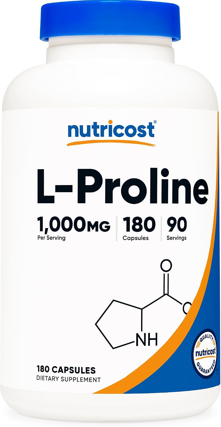 Nutricost L-Prolina 1000mg, 180 Cápsulas (90 Porciones) - 500mg por Cápsula, No-GMO, Sin Gluten