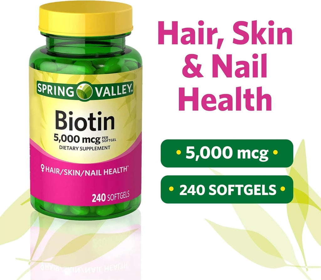 Spring Valley Biotina 5000 mcg, 240 Comprimidos, Complemento para Cabello, Piel y Uñas